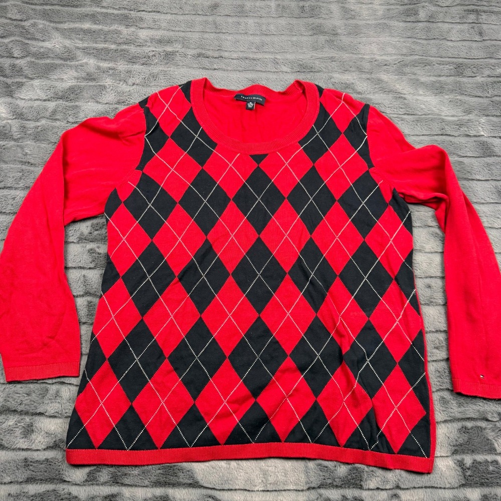 Tommy Hilfiger Mens XL Red Navy Blue Argyle Cotton Crew Neck Sweater 11941